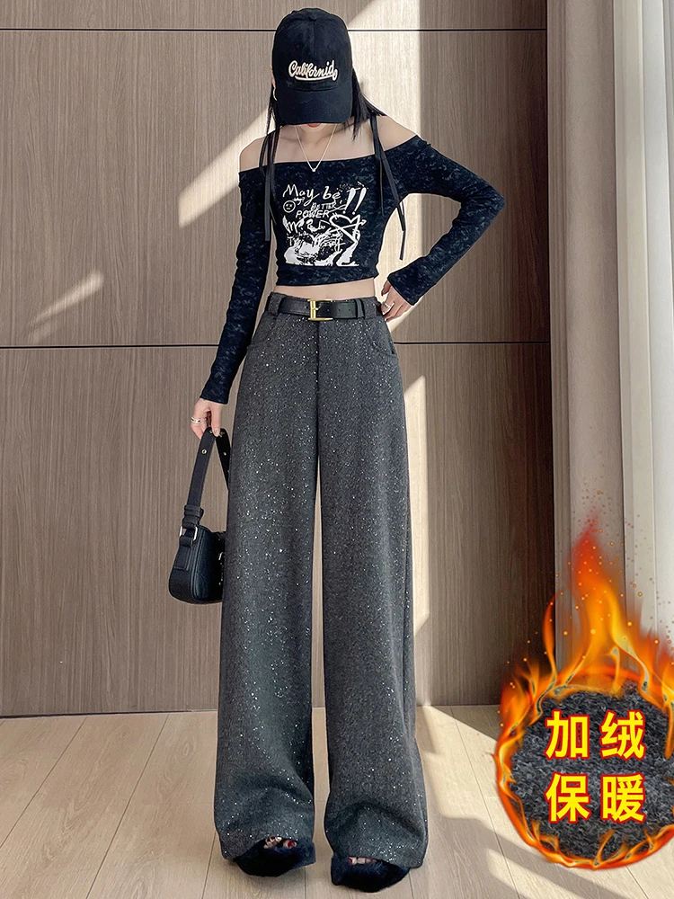 High end sequined wide leg pants women in autumn and winter new high waisted woolen casual versatile design sense trousers