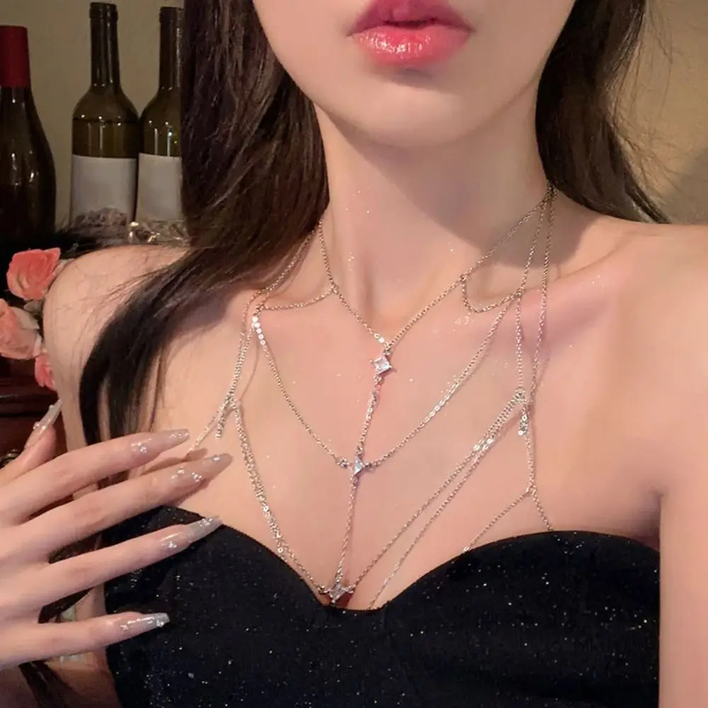 Body Jewelry Glitter Rhinestone Bust Chain Multilayer Sexy Bikini Chest Chain Trend Unique Silver Body Chain Nightclubs