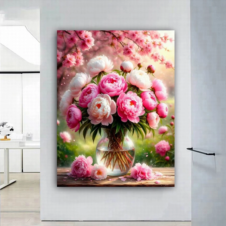 

Красочная картина-мозаика «Пионы в вазе» для вышивки алмазной мозаикой, квадратными и круглыми стразами, с полным заполнением, для декора стен