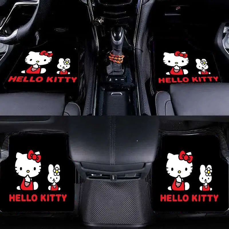 4 Piece Set Hello Kitty Car Cushion Kawaii Card Cover Floor Mat Fashion Cartoon Figure Pattern Mat Soft Winter Convenient Decor