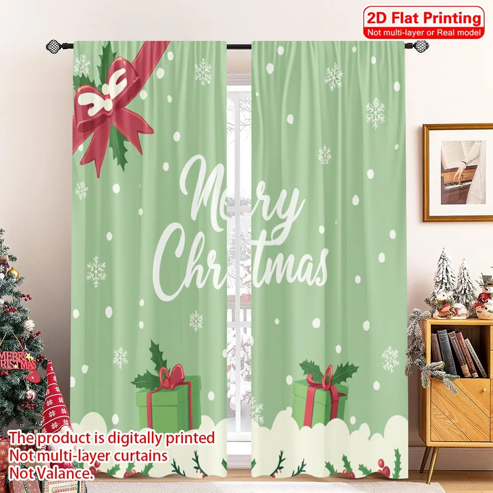 

2pcs 2D flat printing Christmas Party Curtain Merry Christmas Gift Bow Tree Polyester Without Electricity Party Decorations Use