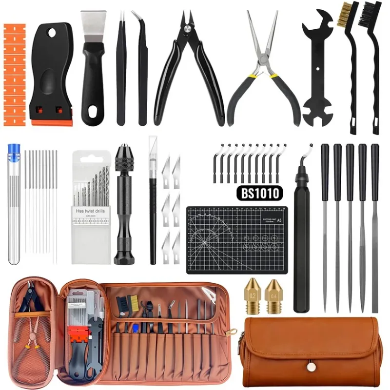 66x 3D Printer Tools Kit with Storage Case for FDM SLA Printers Deburring Tool Scrapers Metal Files Brushes Hand Drill Tweezers
