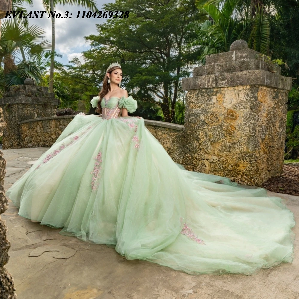 

EVLAST индивидуальное платье принцессы Шалфей Quinceanera, бальное платье, розовый кружевной корсет с аппликацией из бисера, Sweet 16, Vestidos De 15 Anos E3Q774