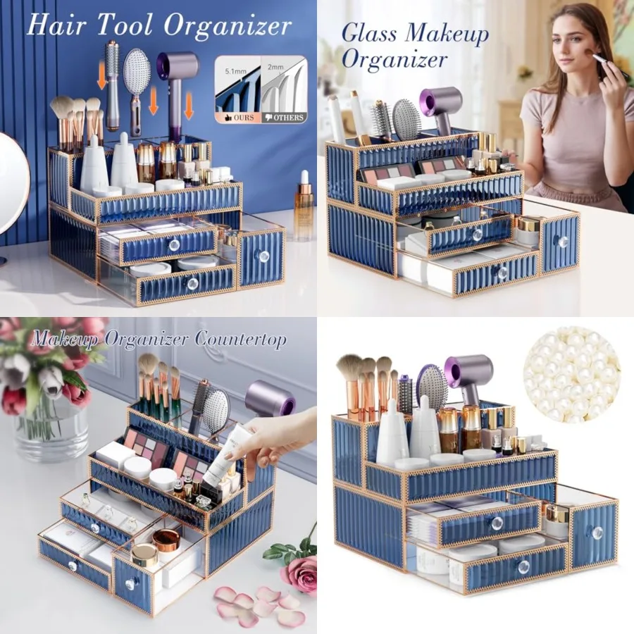 

Makeup Organizer - Tempered Glass Vanity Organizer for Cosmetics, Skincare, Hair Tools, Brushes, Perfume - Multipurpose Bathroo