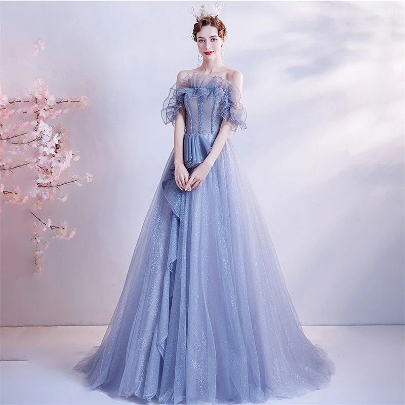 New Gradient Blue Dress Performance Host Banquet Annual Meeting Dress One Shoulder Wooden Ear Waist Wrapped Long Dress For Women