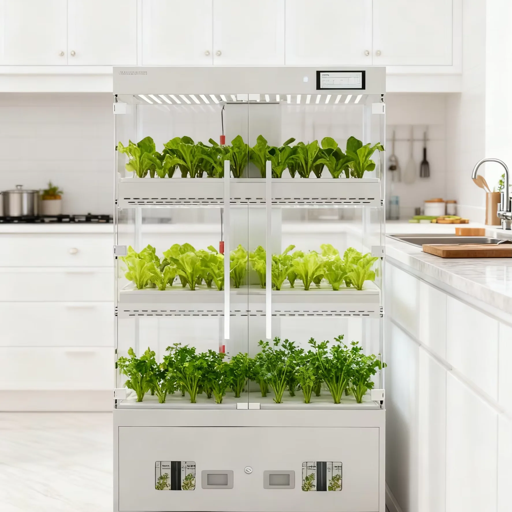 Intelligent Indoor Hydroponic 3-Layer Glass Planting Cabinet WiFi Enabled Automatic Soilless Cultivation Equipment for Vegetable