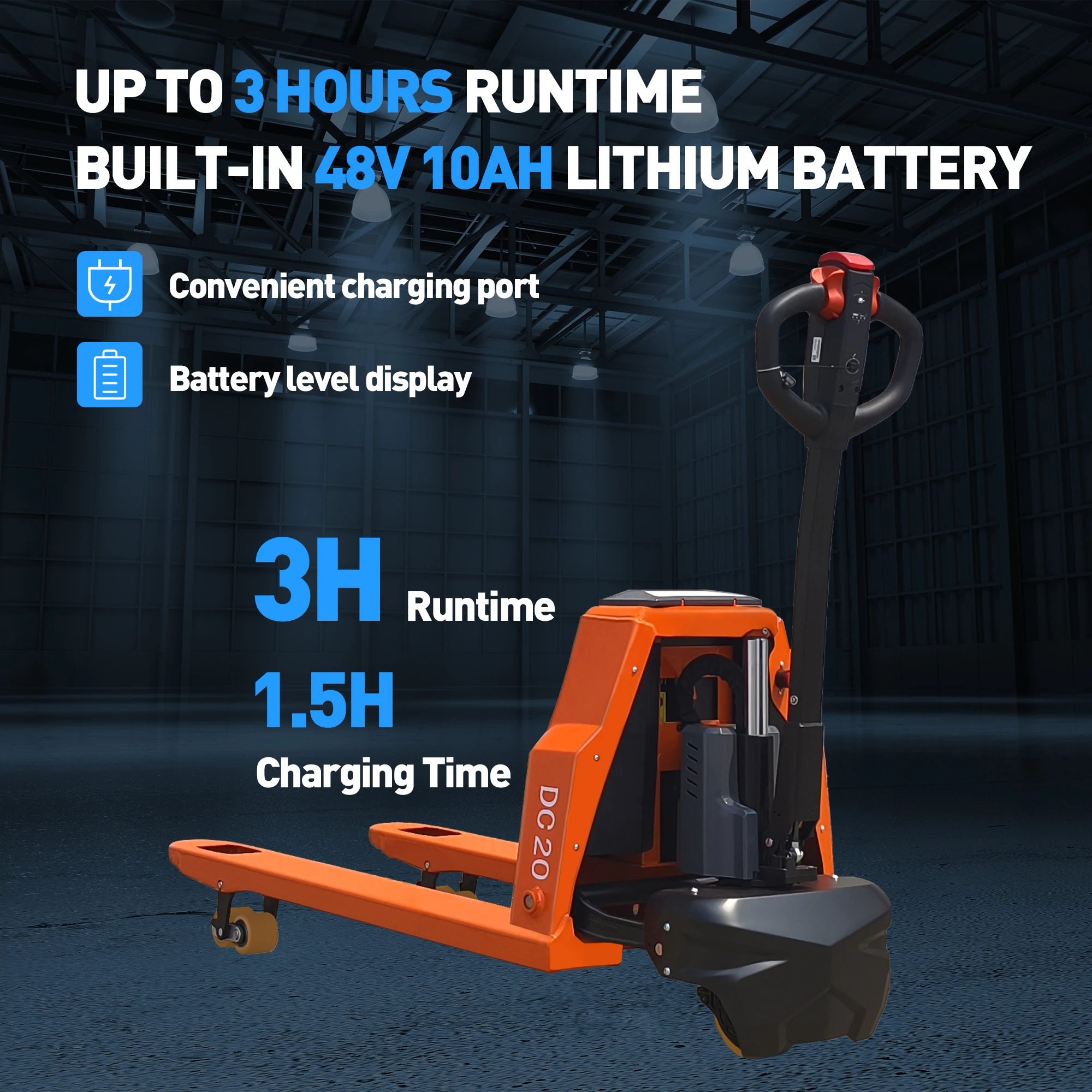 Wózek paletowy elektryczny o udźwigu 2000 kg, widełki 122x68 cm do transportu materiałów, odpowiedni do magazynów i supermarketów.