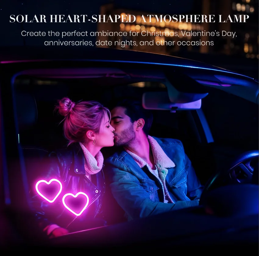 Heart-shaped universal Car Ambient Light with Suction Cup Mount; Solar-powered and Type-C Rechargeable Neon Light; Suitable for Transparent Surfaces Such as Glass; Perfect for Creating a Festive Atmosphere; Ideal for Valentine's Day, Parties, Concerts, Ch