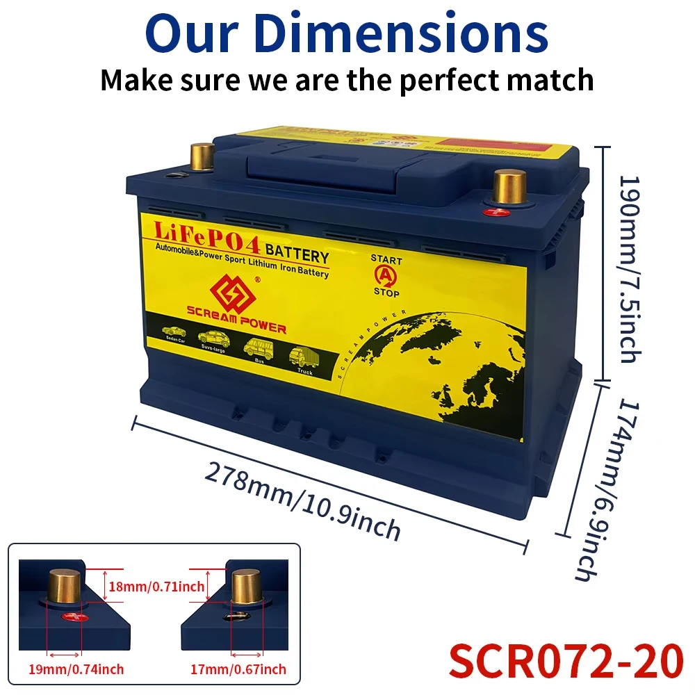 

12V 70AH LiFePO4 Car Battery 1300CCA Starting Battery 072-20 Built-in BMS Maintenance-free Deep Cycle Lightweight