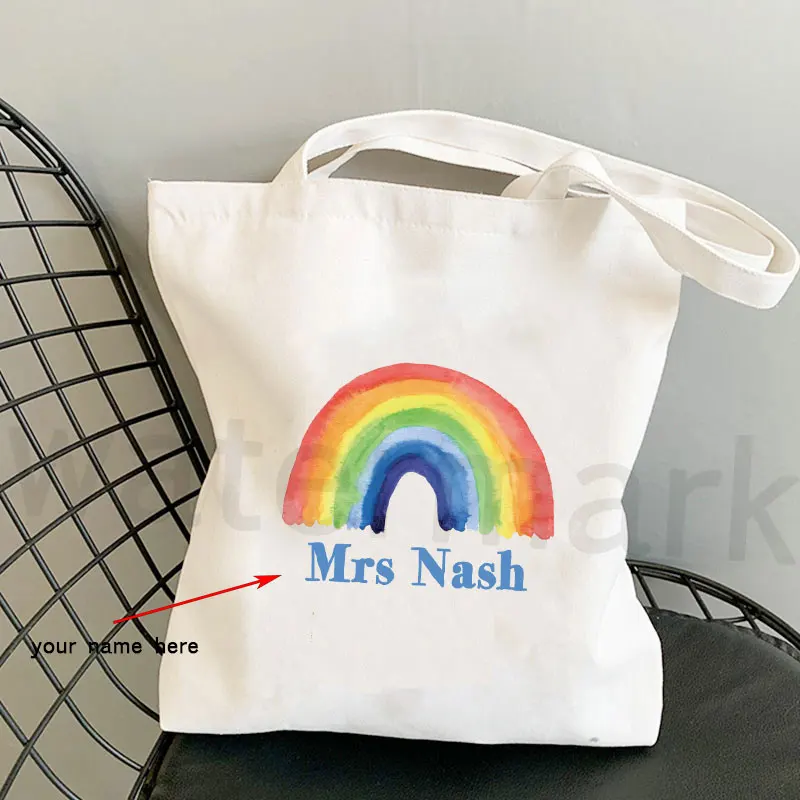 Personalized Rainbow Women Canvas Tote Teacher Shopping Bag Teacher Life Reusable Eco Shopper Shoulder Bag Book Bag Fashion Gift