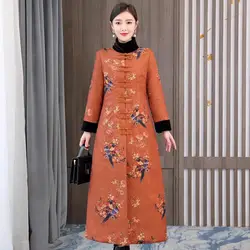 Chinese Style Clothes Woman Winter Cotton Jacket Retro Printing Thickened Fashion Long Elegant Qipao Coat Quilted Robe Z3729