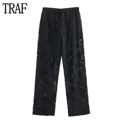 TRAF Lace High Waist Pants Women Black Pleated Pants for Women Summer Straight Leg Woman Trousers Streetwear Wide Women's Pants