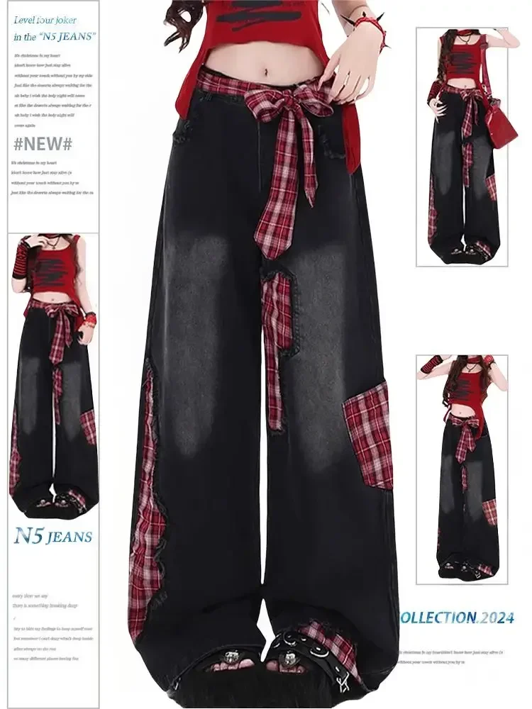 IMU Retro Black Bow Tie Strap Patchwork Jeans Checkered Sweet Women Trouse High Waisted Loose Wide Leg Casual Y2K Denim Pants