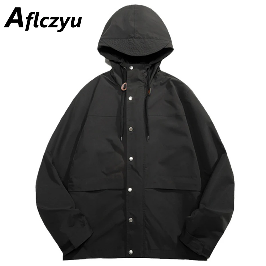 

Camping Jacket Men Black Windbreaker Jackets Fashion Casual Solid Color Waterproof Coats Male Hooded Coat Outerwear