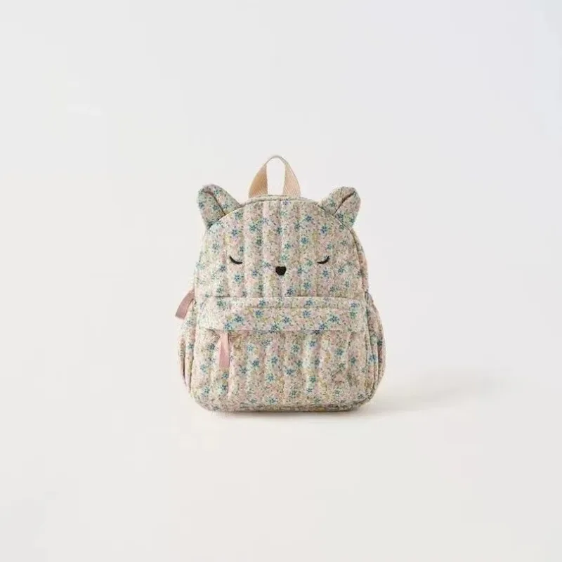 2026 New Arrival Cute Floral Cat Ears Kids Backpack Lightweight Canvas Daypack with Front Pocket for Little Girls
