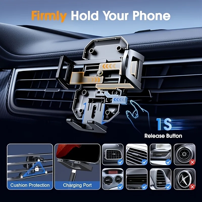 Universal Car Phone Mount, Dual Lock Secure Clamp Silicone Protection, Multi‑Position Car Phone Holder for Dashboard Windshield