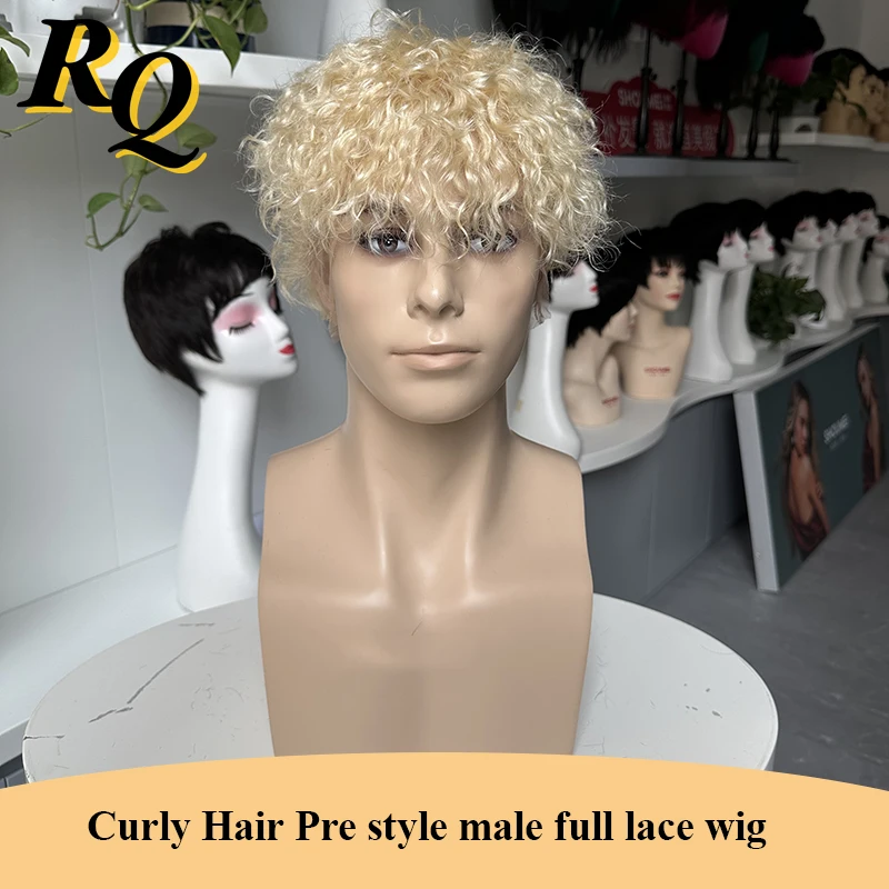 

613# Color Pre Style Curly Hair Male Full Lace Wigs Transparent Human Hair Wig For Men Hairpieces System Replacement Curly Style