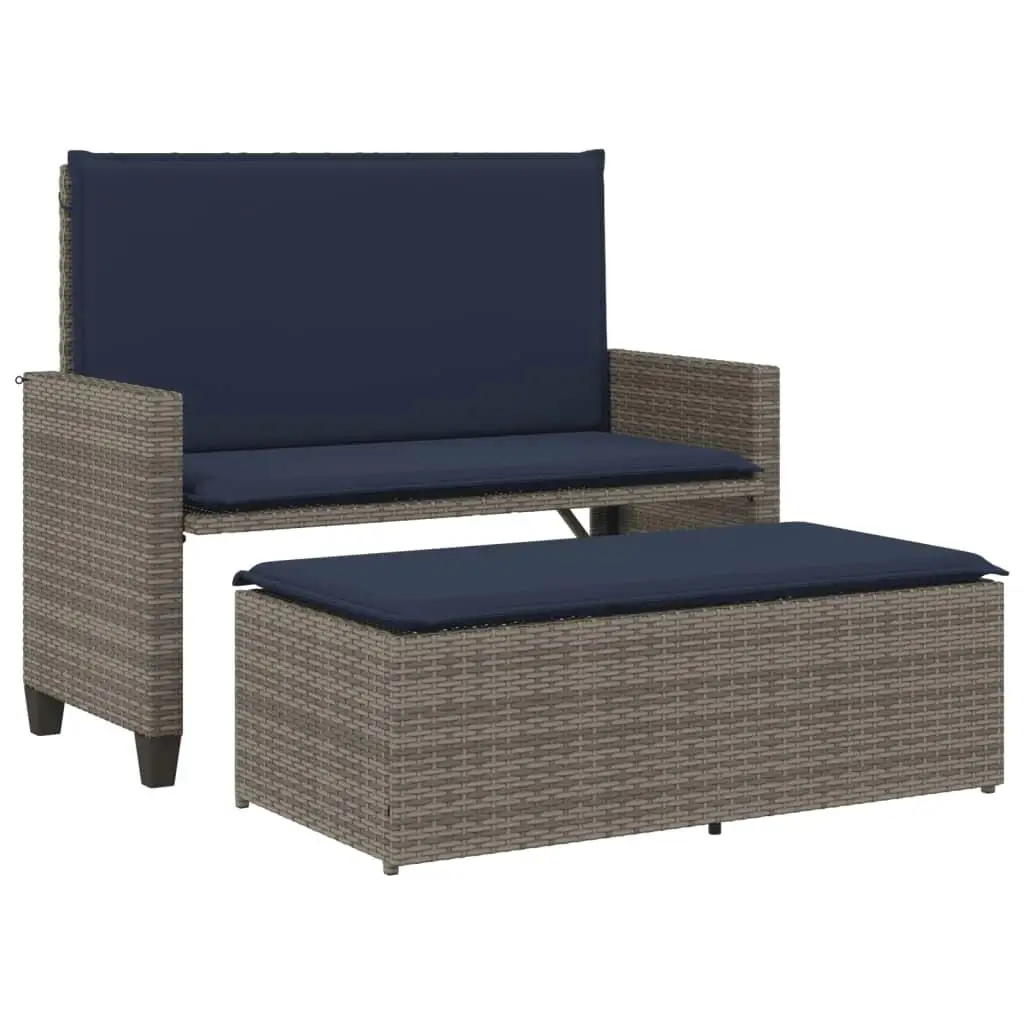 Gray Poly Rattan Patio Bench Set with Cushions & Footstool – Outdoor Furniture