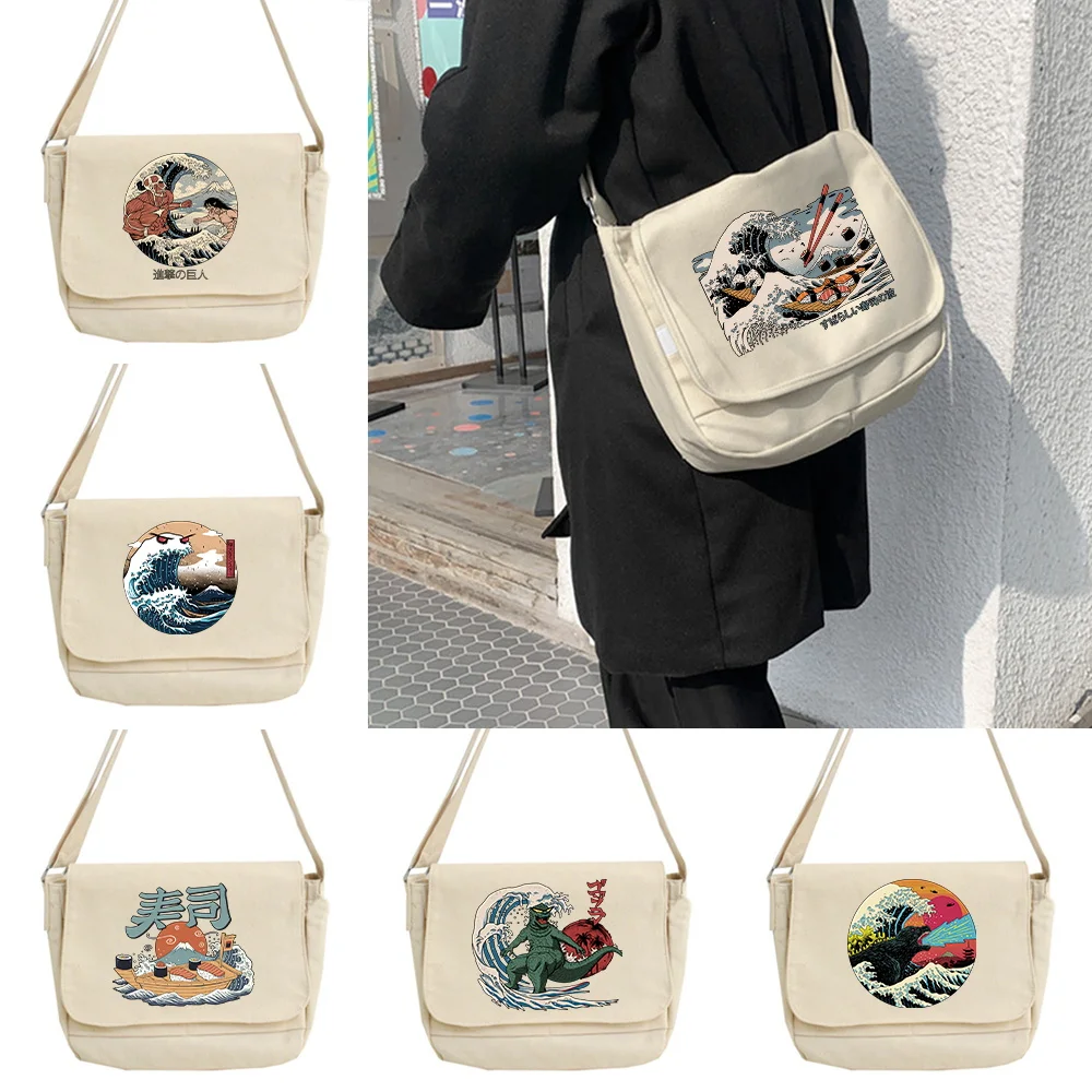 Messenger Bag Japanese Multi-function Messenger Bag Trend Student Harajuku College Style Portable One-shoulder Wave Pattern Bags