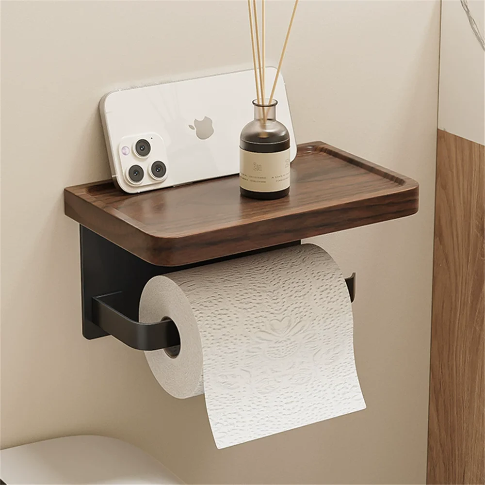 Walnut Aluminum Bathroom Paper Holder with Shelf Bathroom Paperroll Holder Wall Mount Tissue Rack Toilet Paper Holder Tissue Box