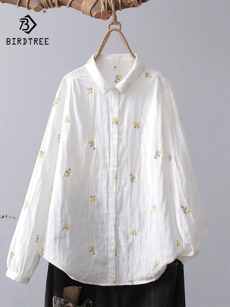 

New 2026 Spring Women Cotton Yarn Long Sleeve Shirt, Lapel Floral Embroidery, Mori Girl Japan Style Chic Loose Blouse T62830CC