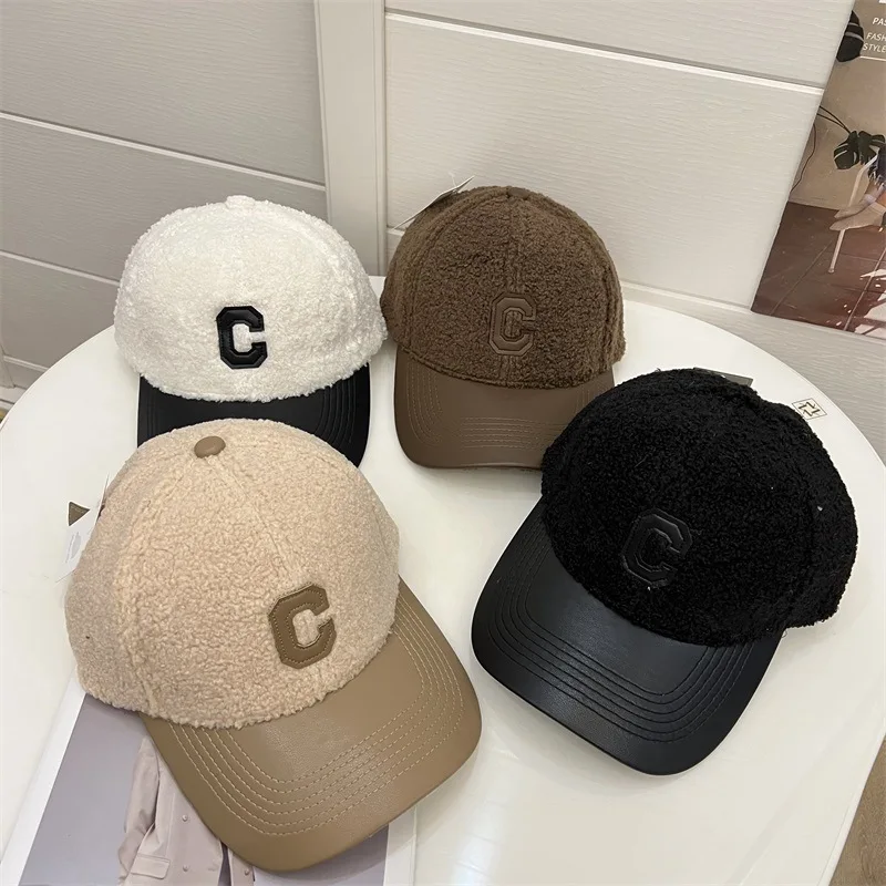 

Men's and Women's Lamb's Wool Leather Splicing Baseball Cap College Style Autumn and Winter Street Fashion Duck Tongue Cap