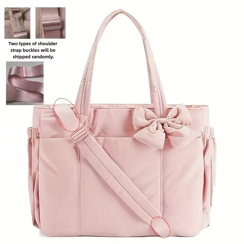 Pink padded bow tote bag for women front view