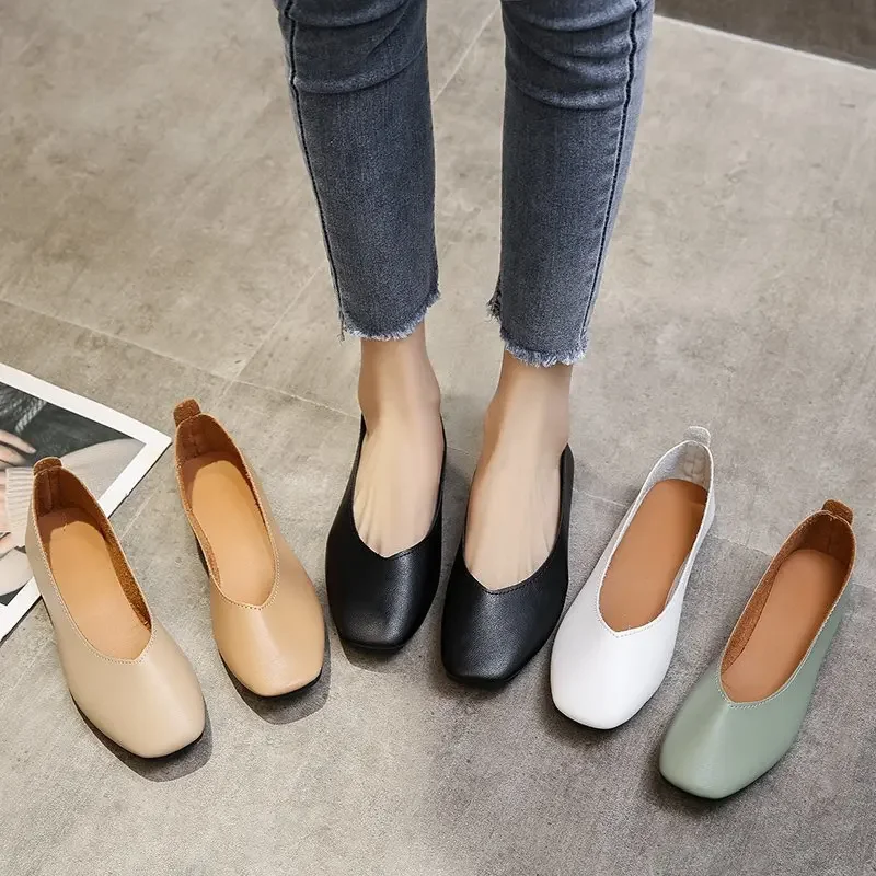 Autumn Women\'s Single Shoes Slip on Soft Sole Casual Shoes Office Lady Leather Shoes Loafers Fashion Square Toe Shallow Flats