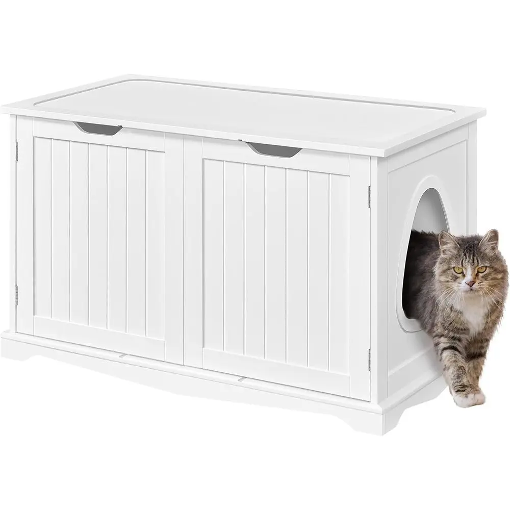 

White Wooden Cat Litter Enclosure with Storage Bench and Divider for Indoor Pet Washroom