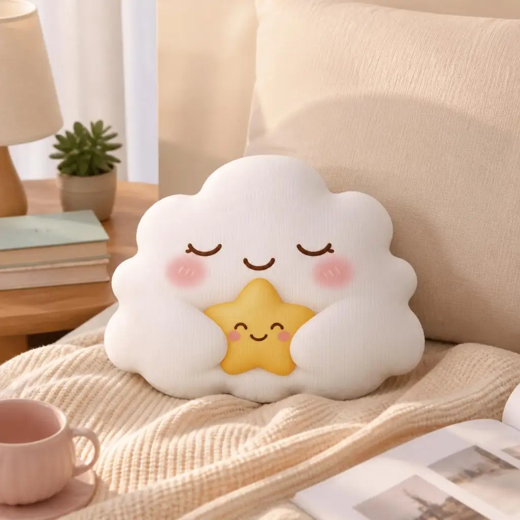 Kawaii Cloud Holding Star Plush Pillow Celestial Stuffed Cushion Cute Shaped Throw Pillow for Nursery Bedroom Sofa Decor Gift