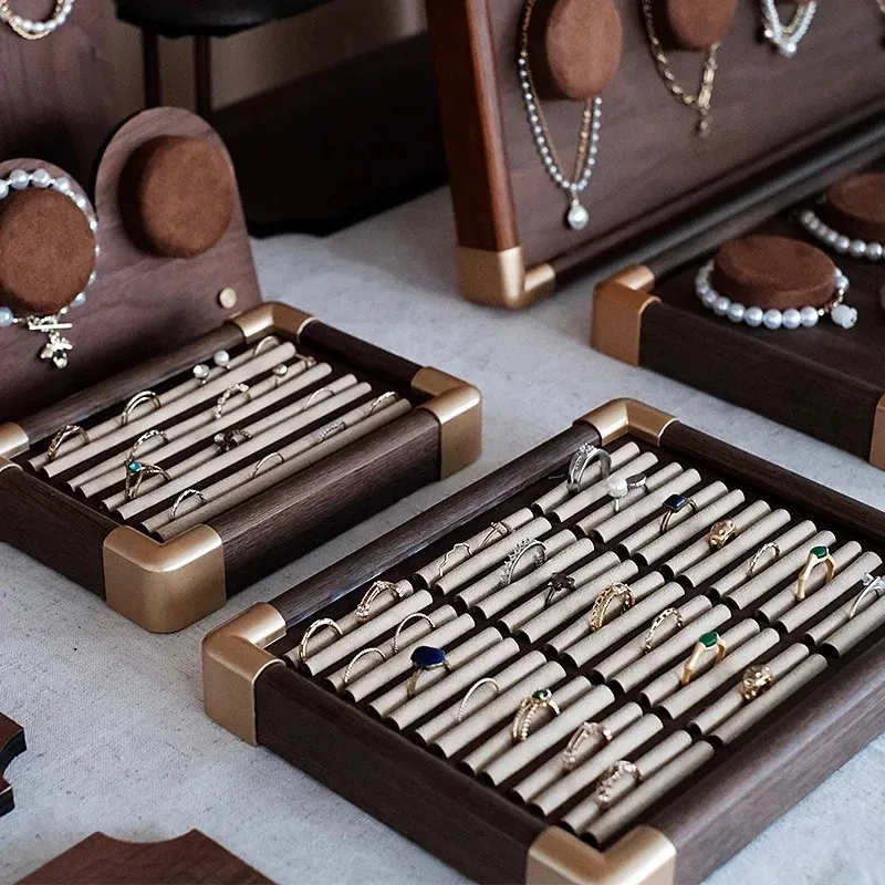 

Walnut Wood Jewelry Display Stand Simple Bracelet Ring Display Tray Hang Necklace Earring Storage Rack Jewellery Showcase Prop