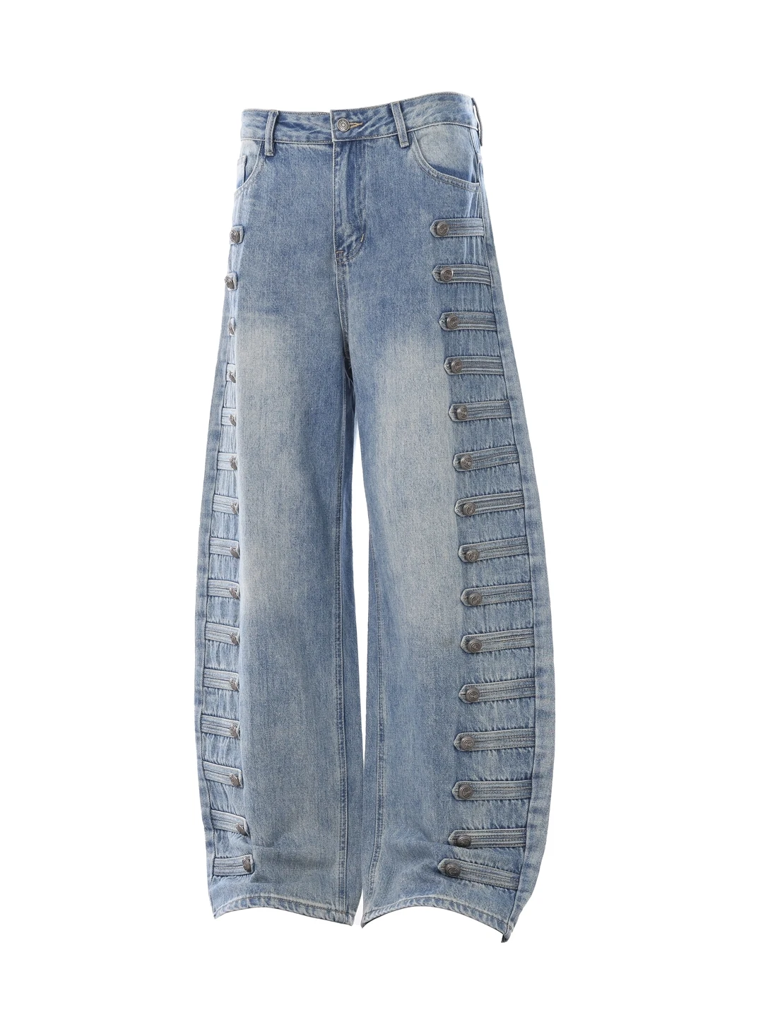 Napoleon Double Button Washed Streetwear Wide Leg Jeans Men's Women's Court Style Design Casual Long Trousers Knife Shape