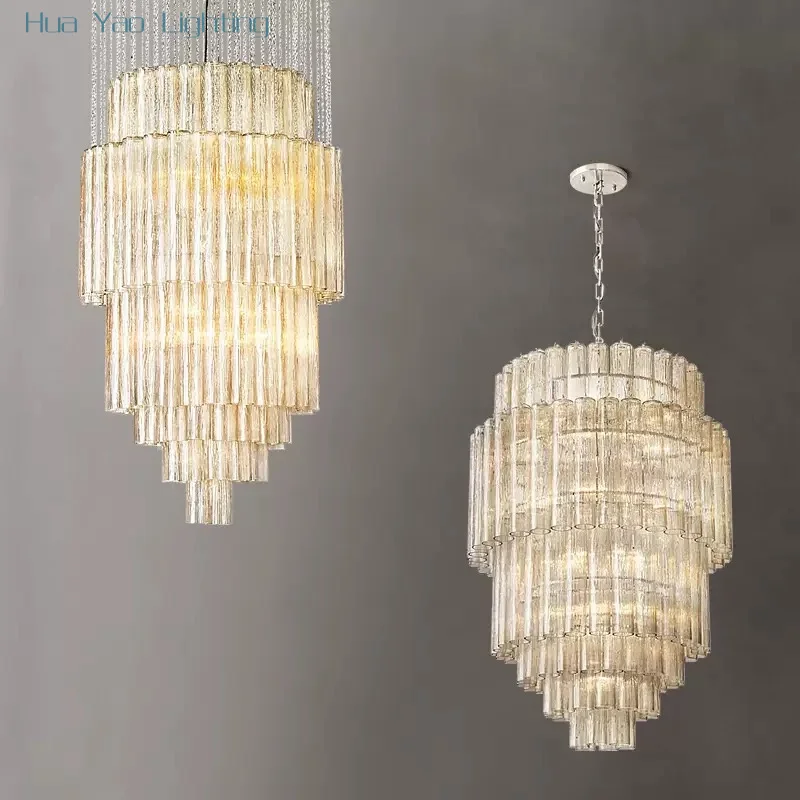 Villa Duplex Loft Large Glass Tube Chandeliers Decoration Foyer Two-story Room Big Hanging Lamp Luxury American Lamps Lampara
