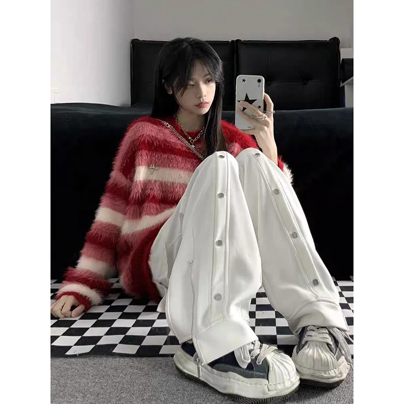 YIBASHU Women's Red Striped Pullover O-Neck Sweater Vintage 2000s Jumper Knit Long Sleeves Cashmere Sweater Autumn Winter 2025