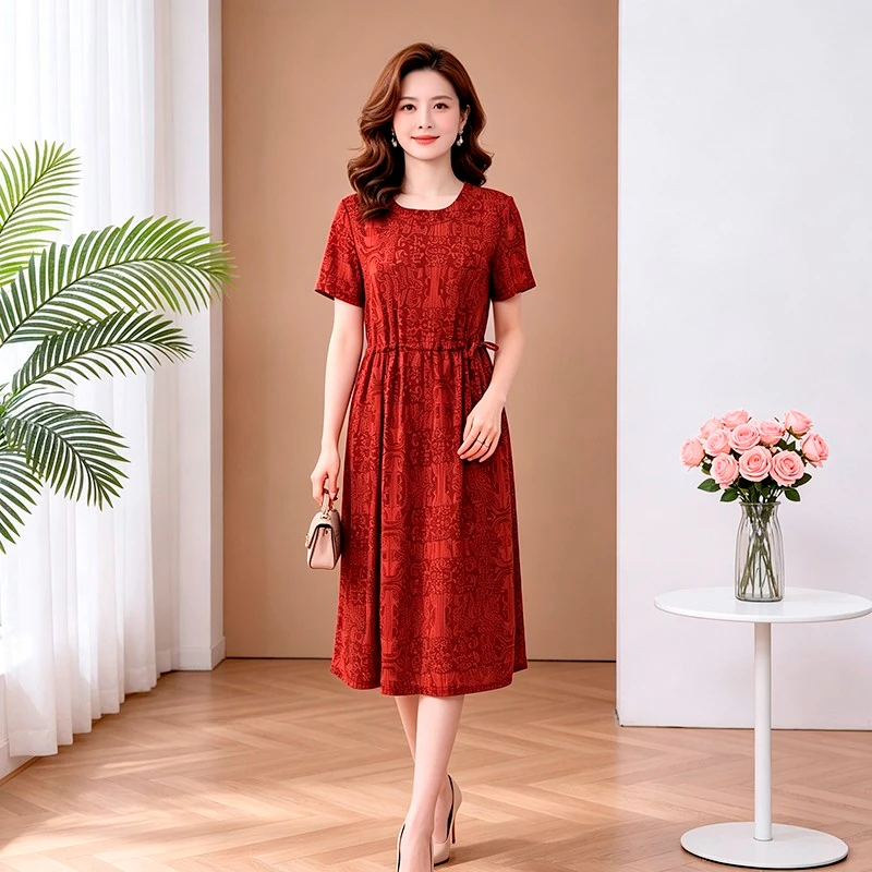 Damen Vintage Blumenkleid mit Print, Locker Geschnitten, Hochwertig, Schick, Casual Kurzarm Midikleid für Mütter