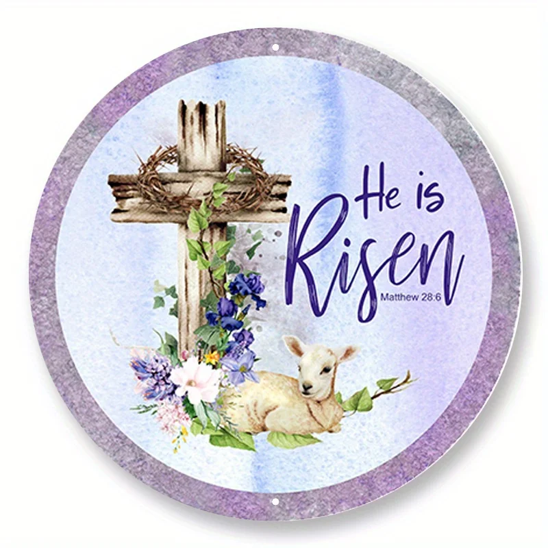 1pc 8x8inch Aluminum Metal Sign He Is Risen Cross With Lamb Wreath Sign, Metal Wreath Sign, Signs For Wreaths