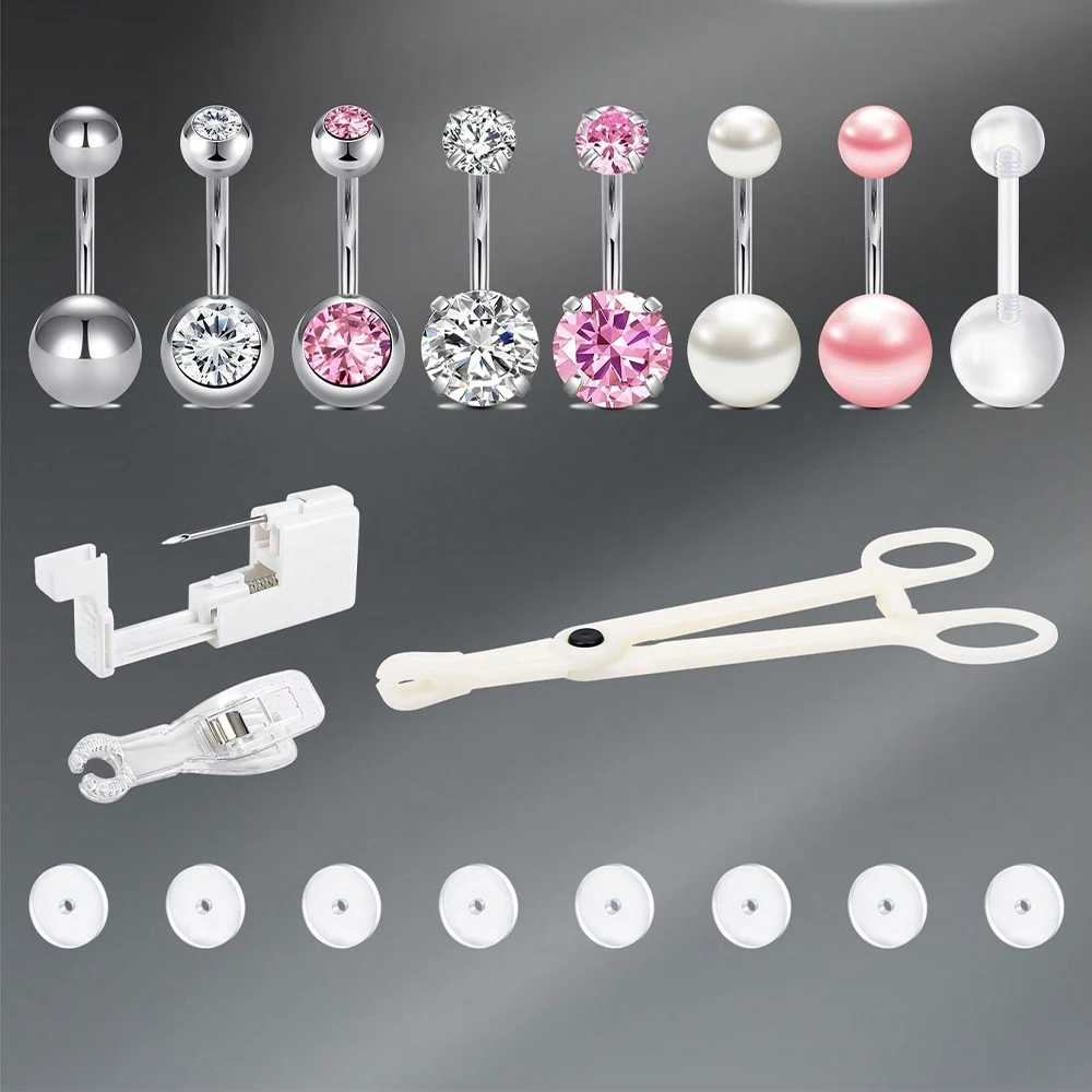 Kit de Piercing para Umbigo, Conjunto de Piercing com Anel para Umbigo, Pistola de Auto-Piercing para Uso Doméstico, Pistola de Piercing Profissional, Anel de Umbigo em Aço Inoxidável