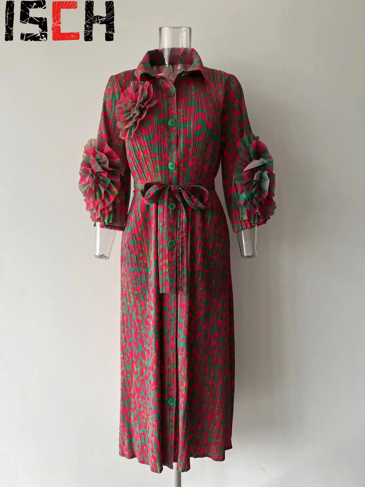 

Pleats Pleated Dress Long Sleeve Fashion Handmade Flower Lapel Elegant Dress Clashing Color Tie Slim Dresses Women Clothing