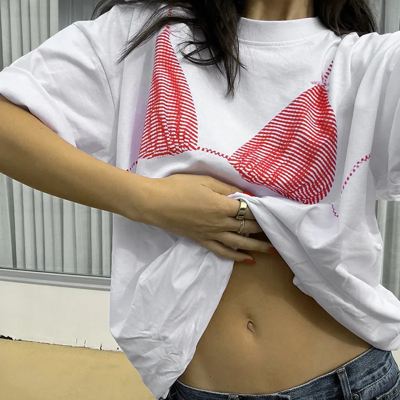 

New 2025 Pink Corset Printed Contrasting round Ne ort Casual Loose Fit ort Sve T-irt Women's Faion Spring Season