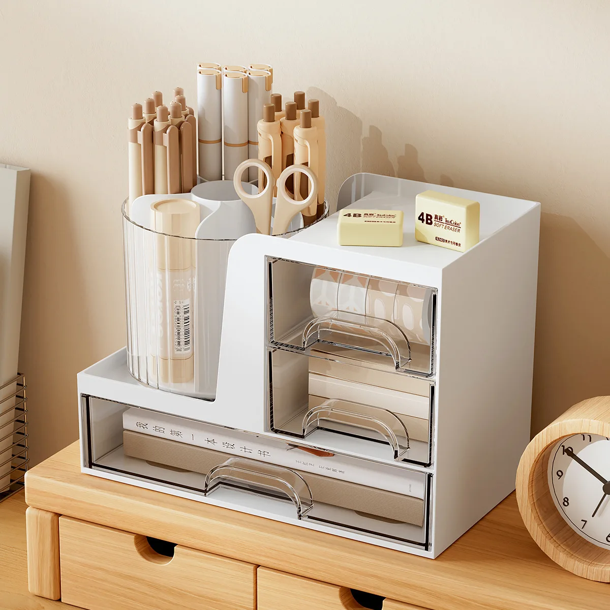 Desktop Storage Box Drawer Stationery Pen Holder Student Desk Organizing Shelves Transparent Multi-layer Storage Cabinet