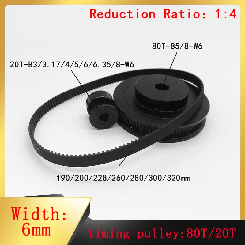 

2GT Black Timing Pulley GT2 80 Teeth 20 Teeth Reduction 4:1/1:4 Synchronous Wheel Gear 3.17-8mm Belt Width 6mm Tensioner Parts