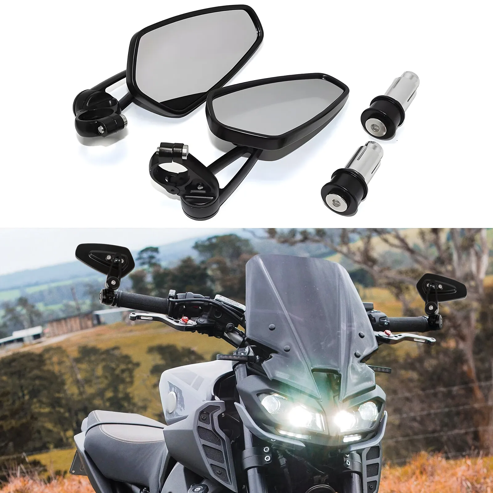 

Motorcycle 7/8" Handle Bar End Rearview Side Mirrors Black For Yamaha MT09 MT-09