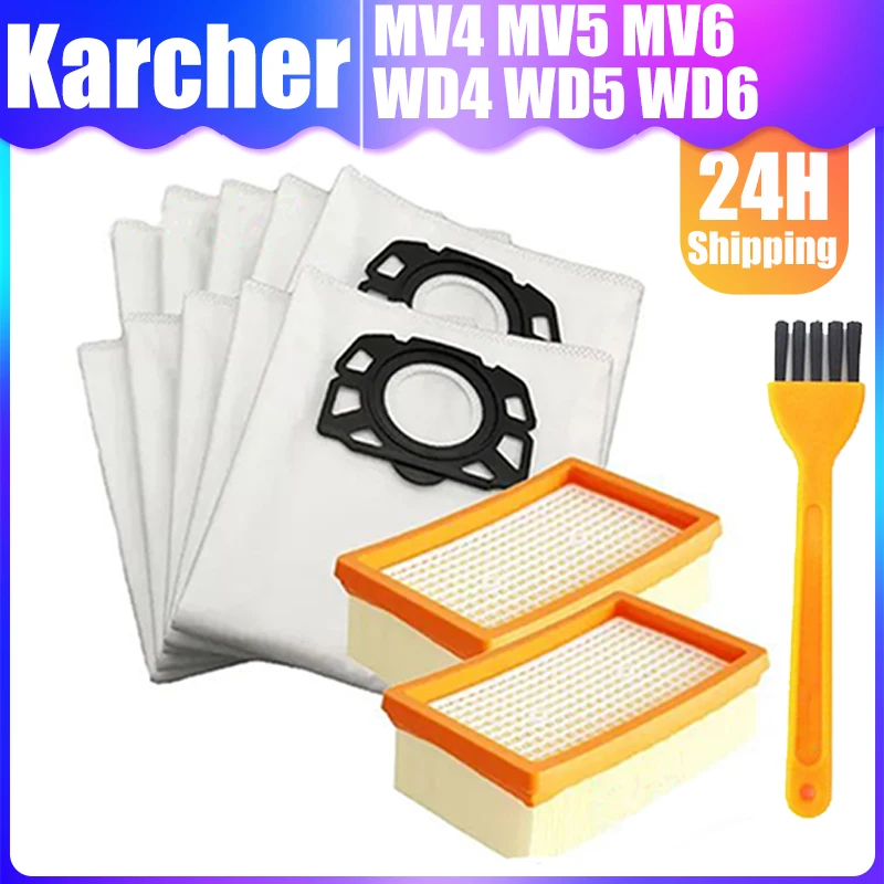 Bolsas de polvo con filtro HEPA para Karcher MV4, MV5, MV6, WD4, WD5, WD6, WD4000 a WD5999, piezas de repuesto #2.863-006,0