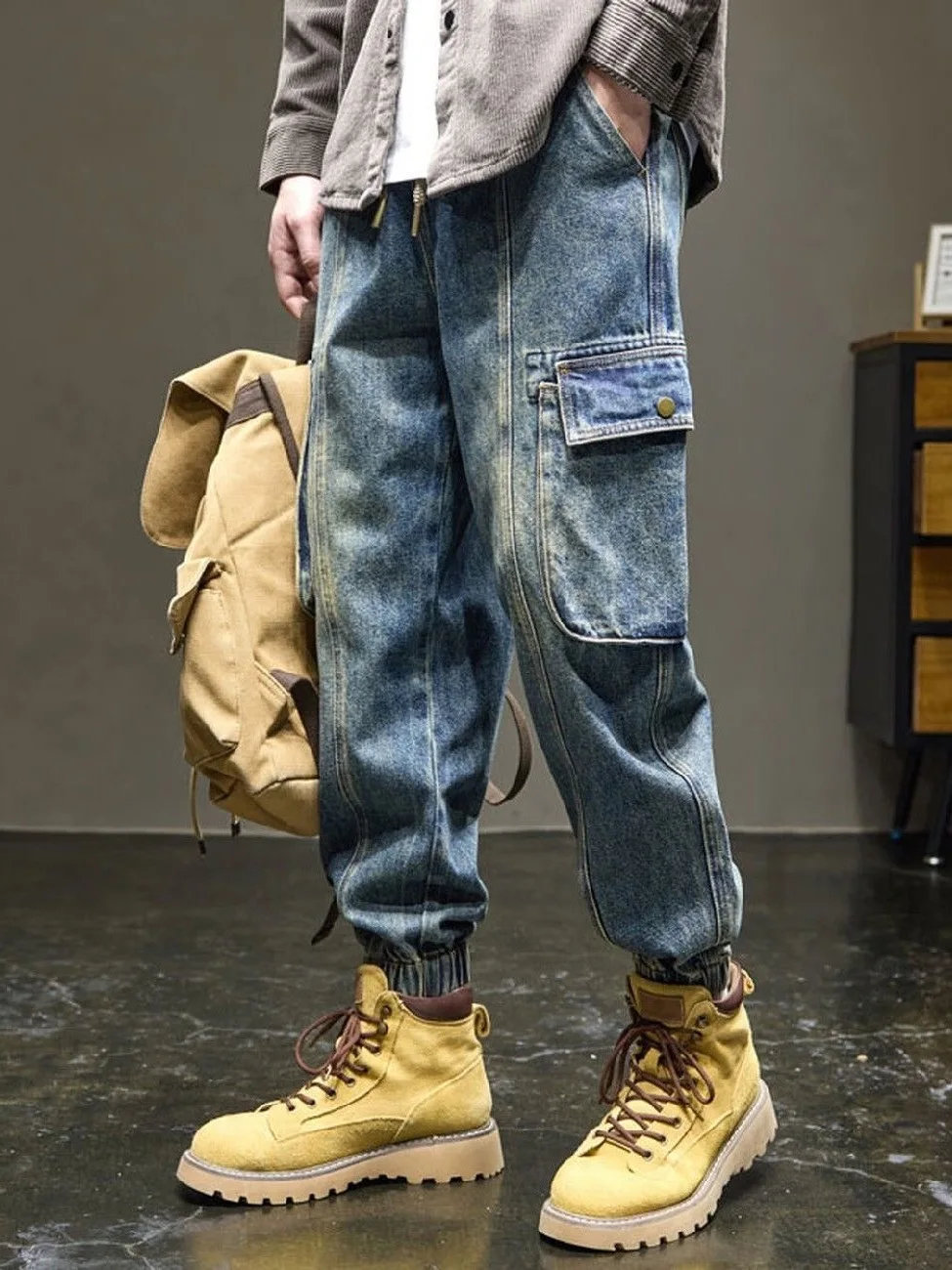 Retro American Washed Denim Men's Loose Trendy Cuffed Pants Multiple Pockets Harlan Pants Casual Unisex Autumn New Arrival