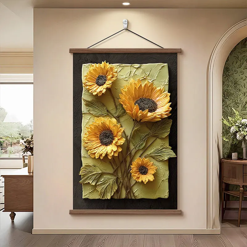 Wall Art Home Decor Sunflower Palette Knife Style Hanging Scroll 3D Textured Impasto Effect Floral Art for Living Room Bedroom