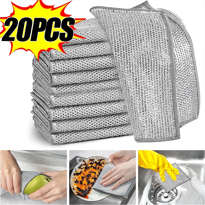 

Metal Steel Wire Cleaning Rags Home Kitchen Pot Dish Pan Magic Dishcloth Towels Double Layer Non Stick Oil Steel Wire Rag Cloths