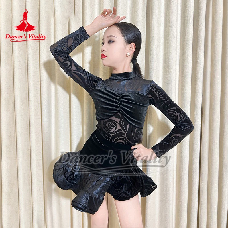 

Детский бархатный комбинезон с высоким воротником и длинными рукавами в латиноамериканском стиле + юбка Чача Самба Румба Конкурс и выступление Танцевальная одежда Vitality