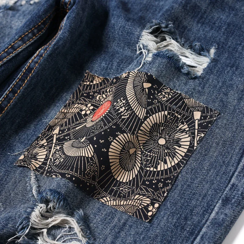 American High Street Ripped Jeans Men's Summer Trendy Loose Straight Street Stitching Patch Fashion Denim Pants