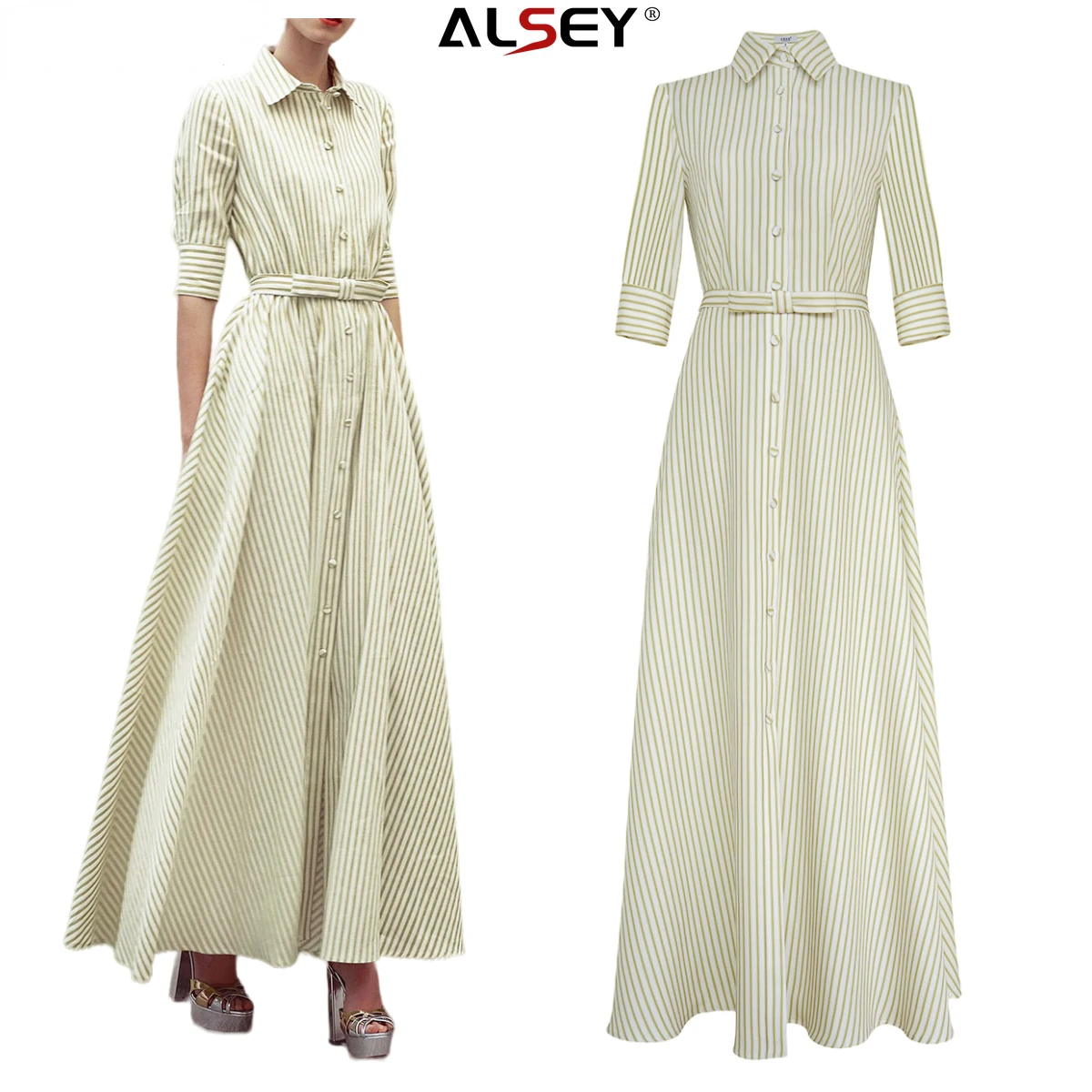 

ALSEY Single-breasted POLO Collar Long Skirt Fashion Design Striped Shirt Dress Five-point Sleeve Waist-slimming Women's Dress