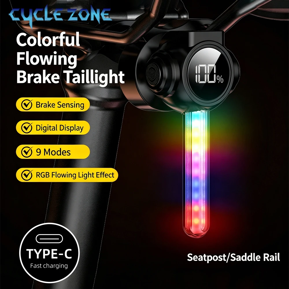 Smart Sensing Bike Rear Light Multicolor Power Display Tail Lamp Type-C Rechargeable Safety Warning Taillight with Dual Bracket